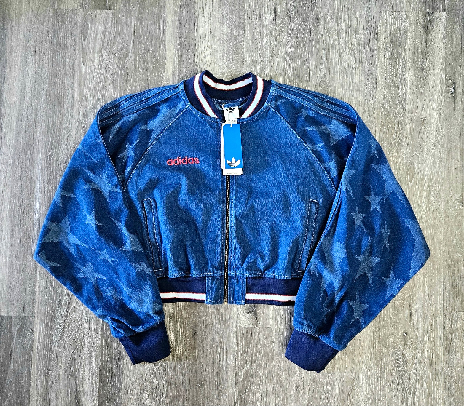 NWT Adidas Originals SST Star Graphic Denim Varsity Bomber Jacket
