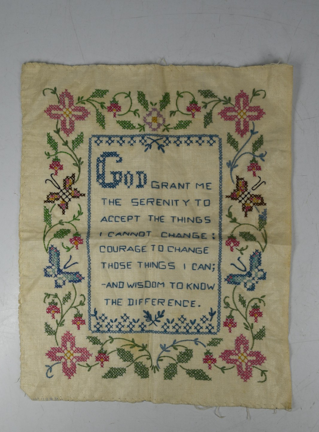 Vintage Finished Cross Stitch God Grant Me The Serenity Accept Change Flowers