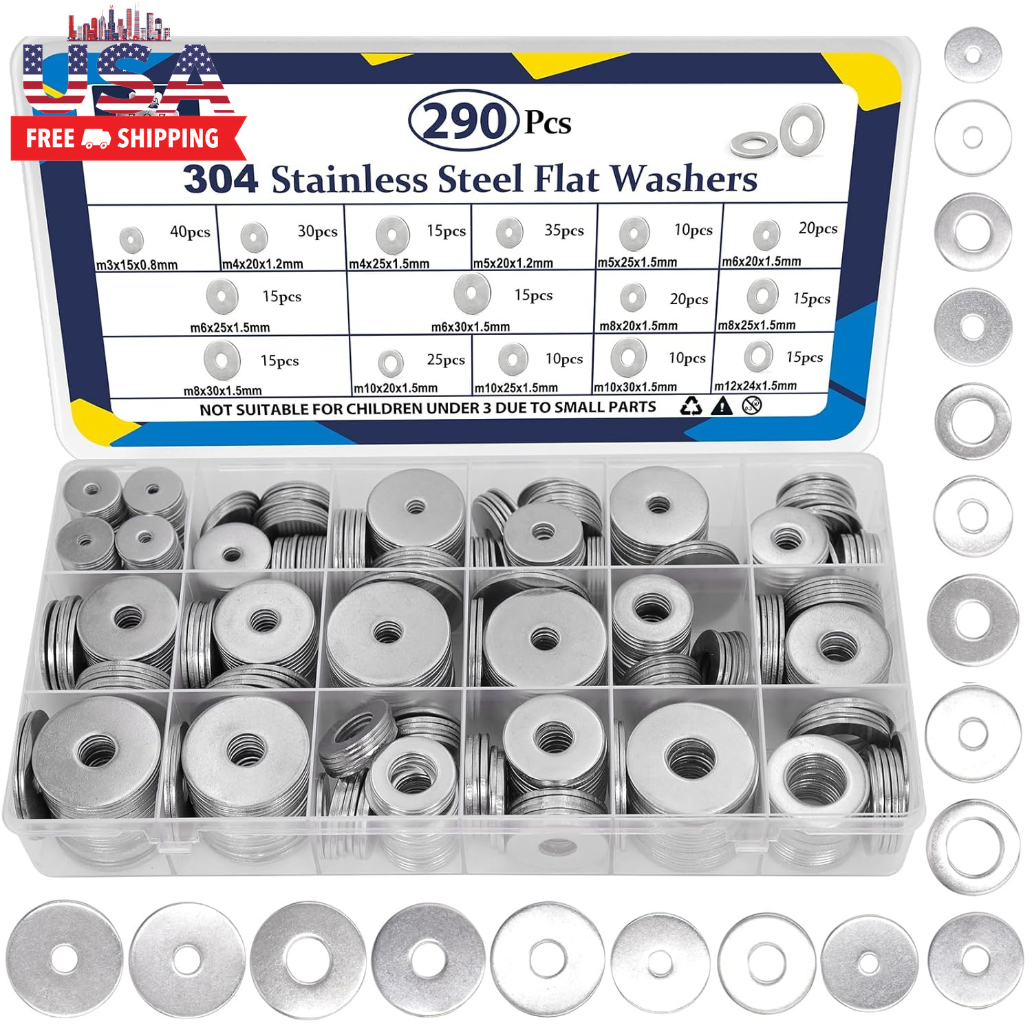 290Pcs Flat Washers, 304 Stainless Steel Fender Washers Assortment, 15 Different 290Pcs Flat Washers, 304 Stainless Steel Fender Washers Assortment, 15 Different