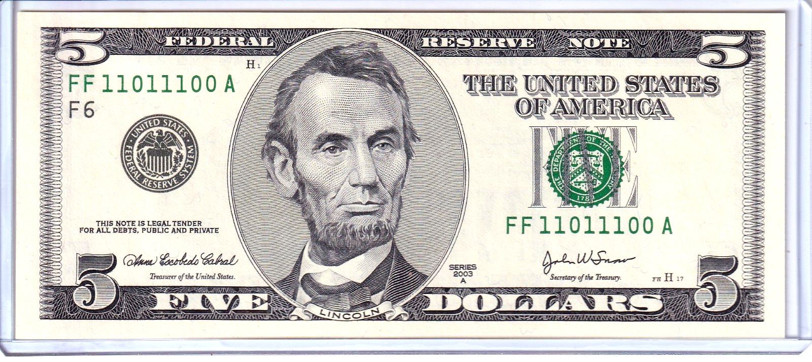 2003-A $5 Federal Reserve Note UNCIRCULATED 0/1 True Binary #FF11011100A