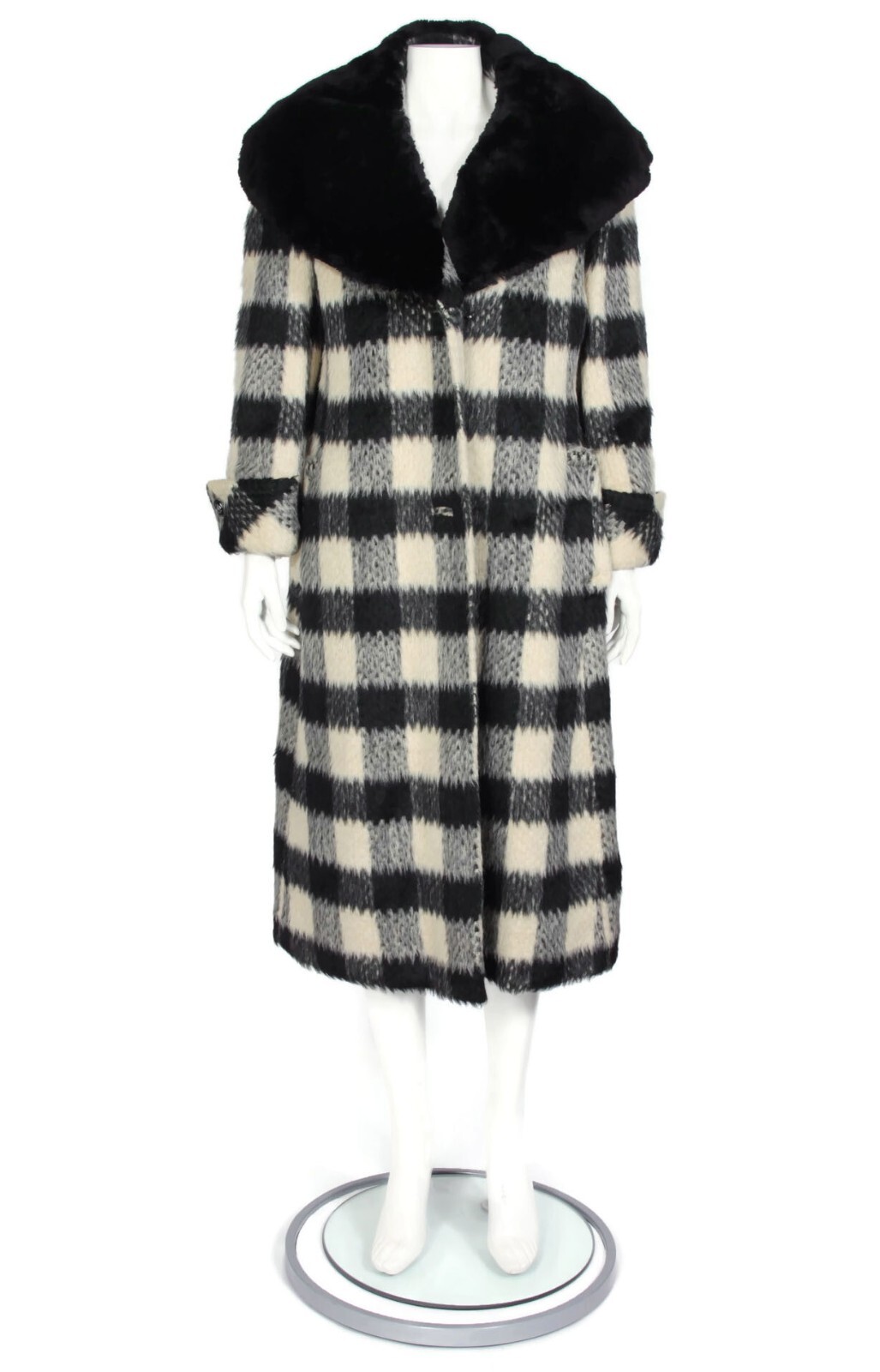 Vtg BILL BLASS 70\'s Black Cream Plaid Long Coat Fur Collar Jacket sz S /759