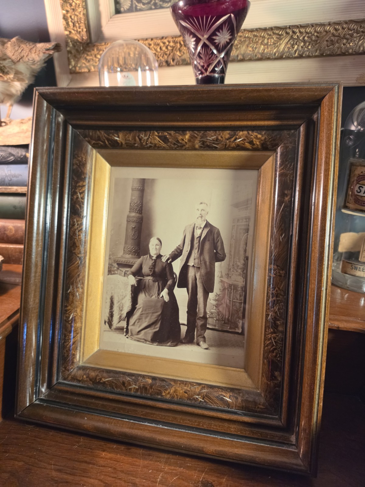 Antique Victorian Couple Portrait Photo Ornate Walnut Wood Frame 13.75x15.75 Antique Victorian Couple Portrait Photo Ornate Walnut Wood Frame 13.75x15.75