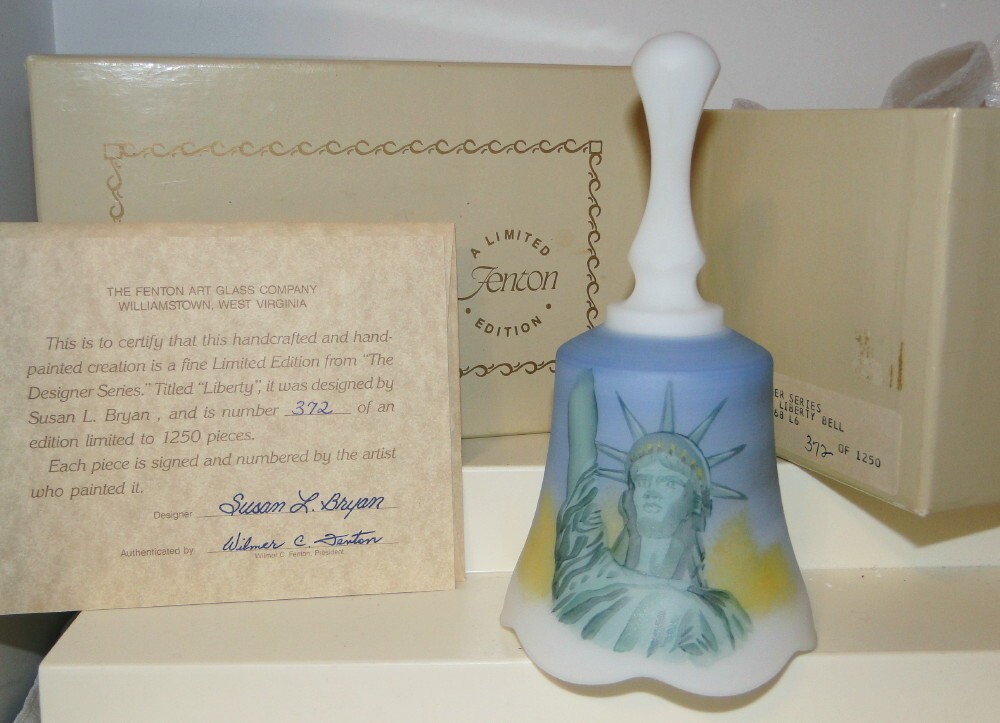 Fenton Statue Liberty Satin Glass Bell 1886-1986 Painted Signed \