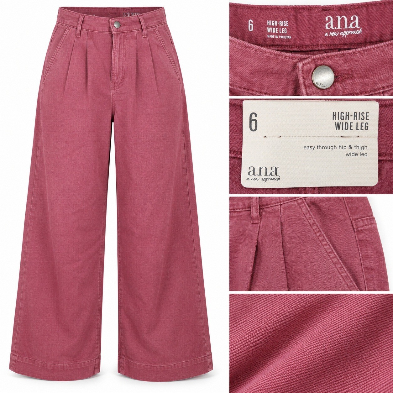 a.n.a Women Size 6 Hawthorne Rose High-Rise Wide Leg Pleated Cotton Tencel Pants
