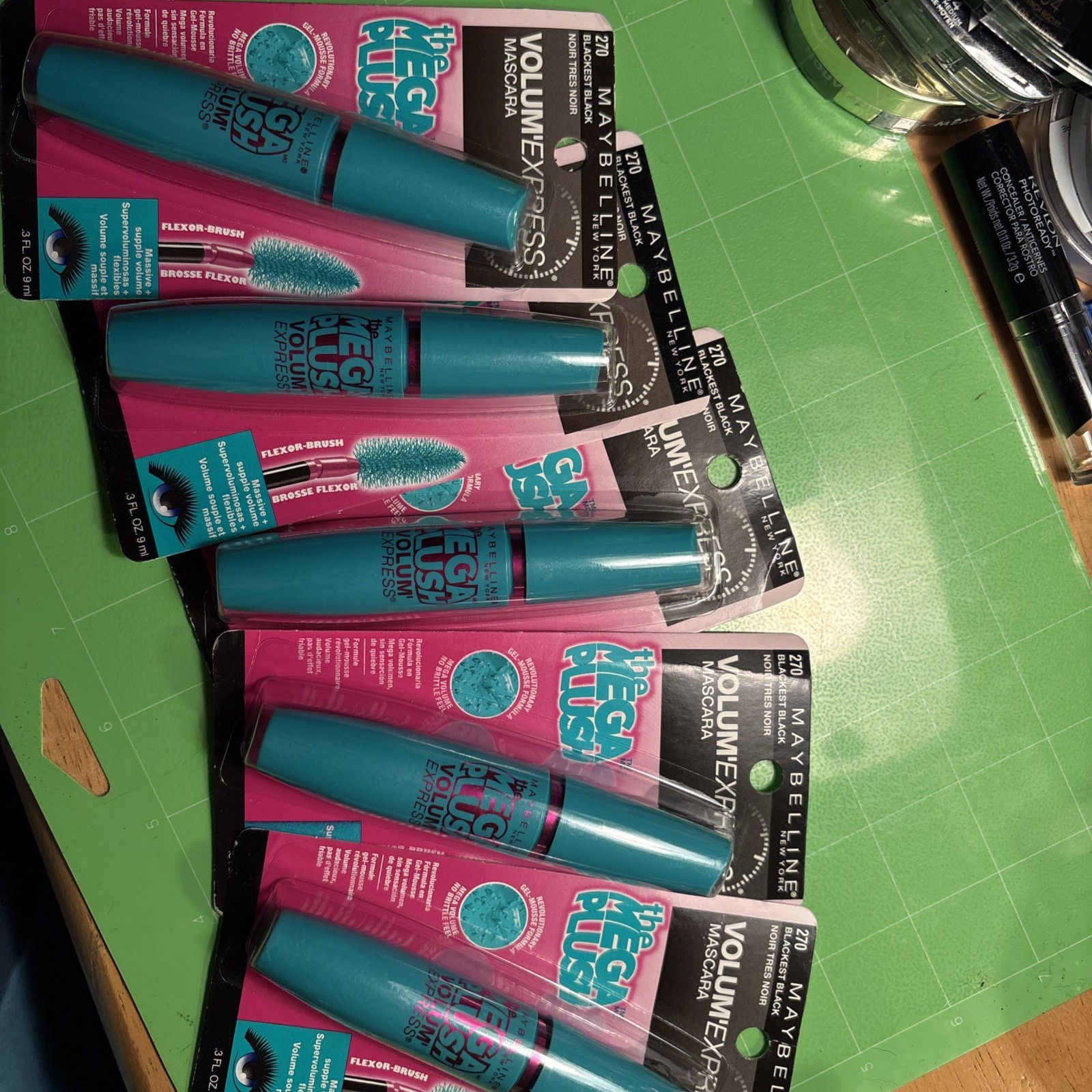 5 Pk—270 MAYBELLINE Volume Express Mega Plush Mascara Blackest Black Washable,