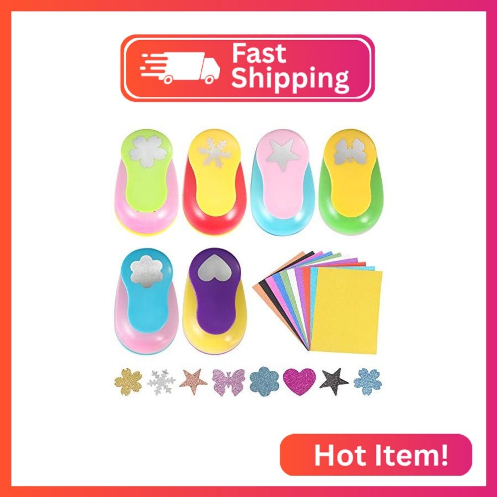 Regilt 6 Pcs Colorful Craft Hole Punch with 10 Glitter Cardstock Papers, Decorat