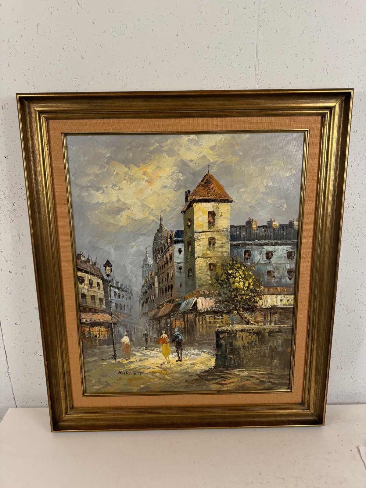 Vintage Caroline Burnett Impressionist Style Paris Street Scene Oil Painting