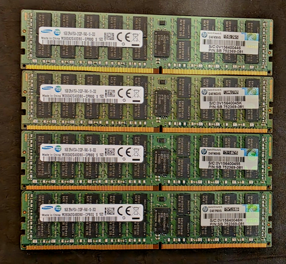 Lot of Four (4) Samsung 16GB M393A2G40DB0-CPB0Q DDR4 RDIMM Server Memory Modules Lot of Four (4) Samsung 16GB M393A2G40DB0-CPB0Q DDR4 RDIMM Server Memory Modules