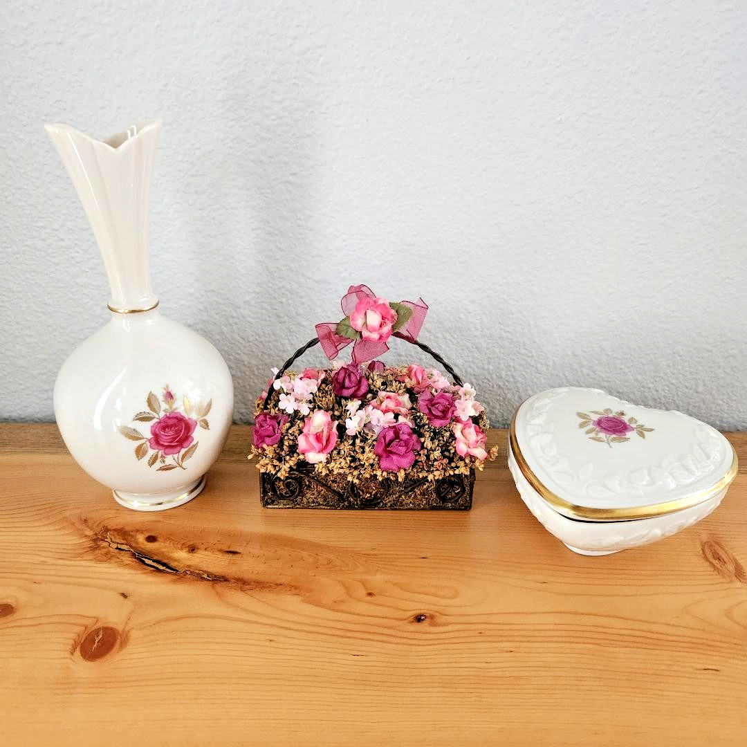 Vtg Lenox Porcelain Lot Rose Blossom Bud Vase Heart Trinket Box Floral Basket
