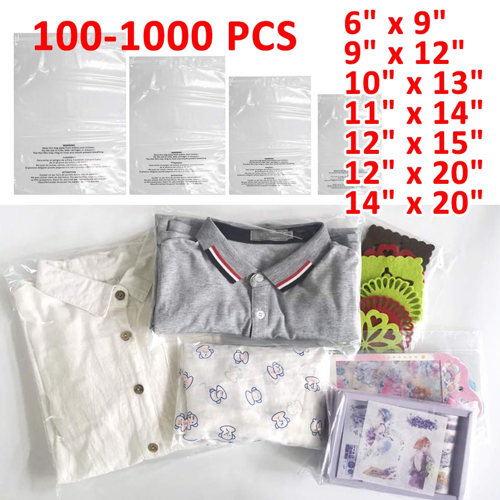 100-1000 Pack Clear Suffocation Warning Poly Bags Self Sealing for Shirt Apparel