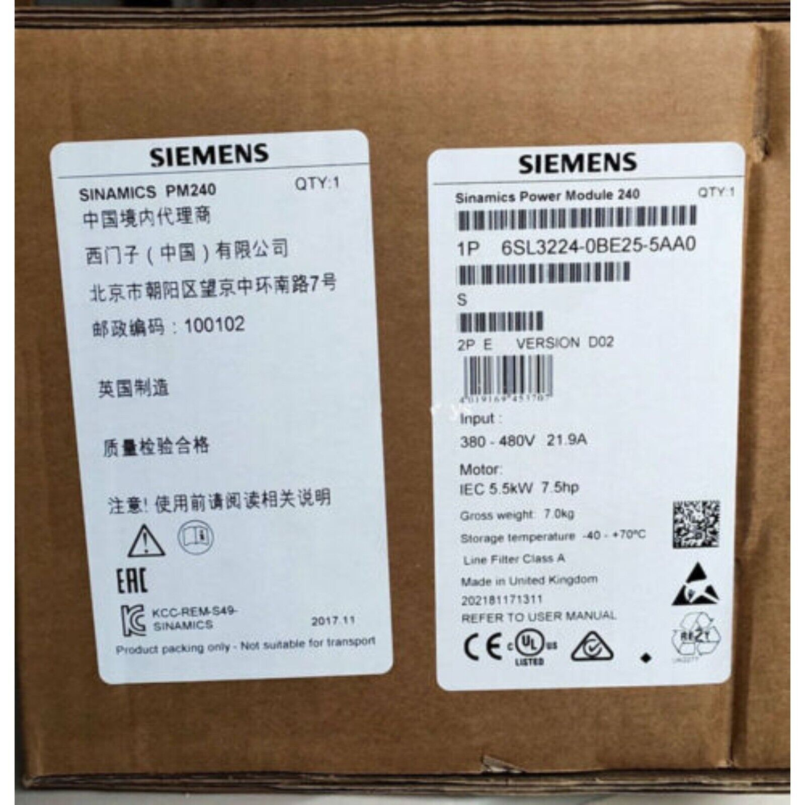 New Siemens 6SL3224-0BE25-5AA0 G120 PM240 Power Module 6SL3 224-0BE25-5AA0
