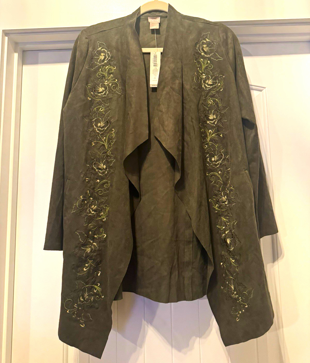 NWT Chico’s Embroidered Faux Suede Drape Jacket Size 0 Montana Moss $169