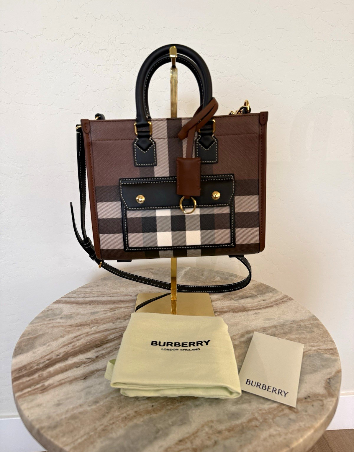 Burberry mini Freya Tote Checkered Brown Black Top Handle Detachable Strap COA