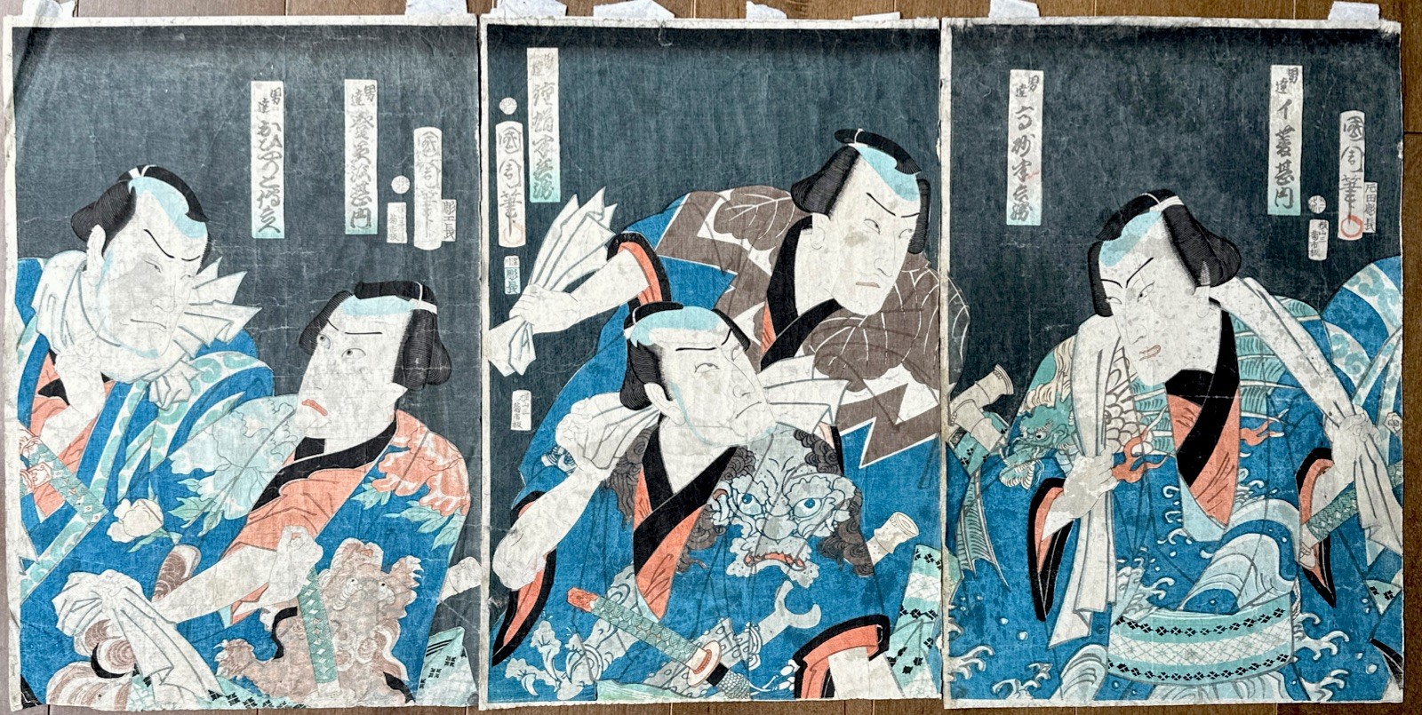 Original Japanese Woodblock Print Triptych Utagawa Kunisada Toyokuni III Kabuki