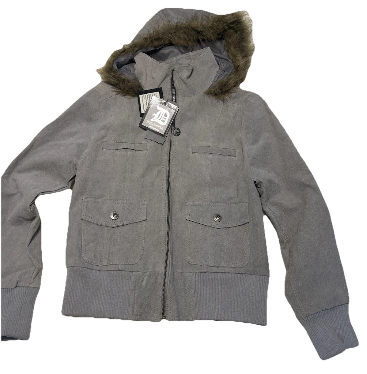 NWT DOLLHOUSE Sz Large Bomber Jacket Gray Genuine Leather Suede Faux Fur Hoodie