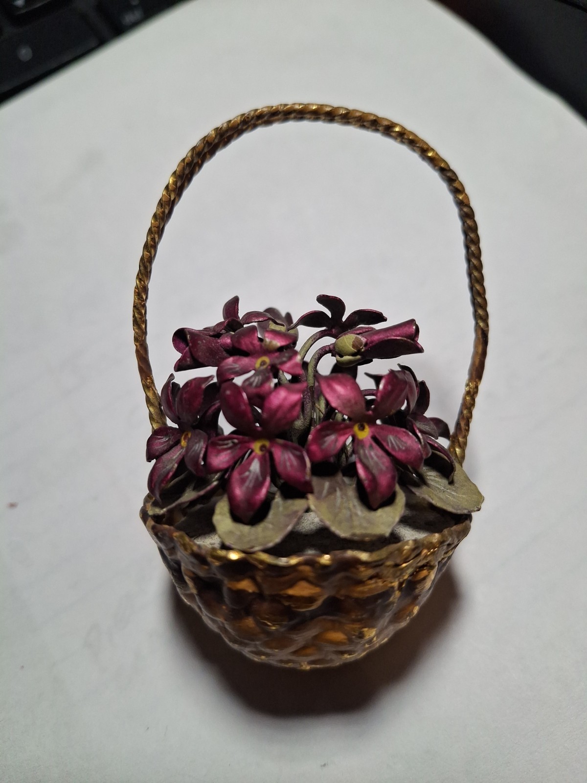 Antique German Miniature Metal Doll House Basket Of Handpainted Flowers