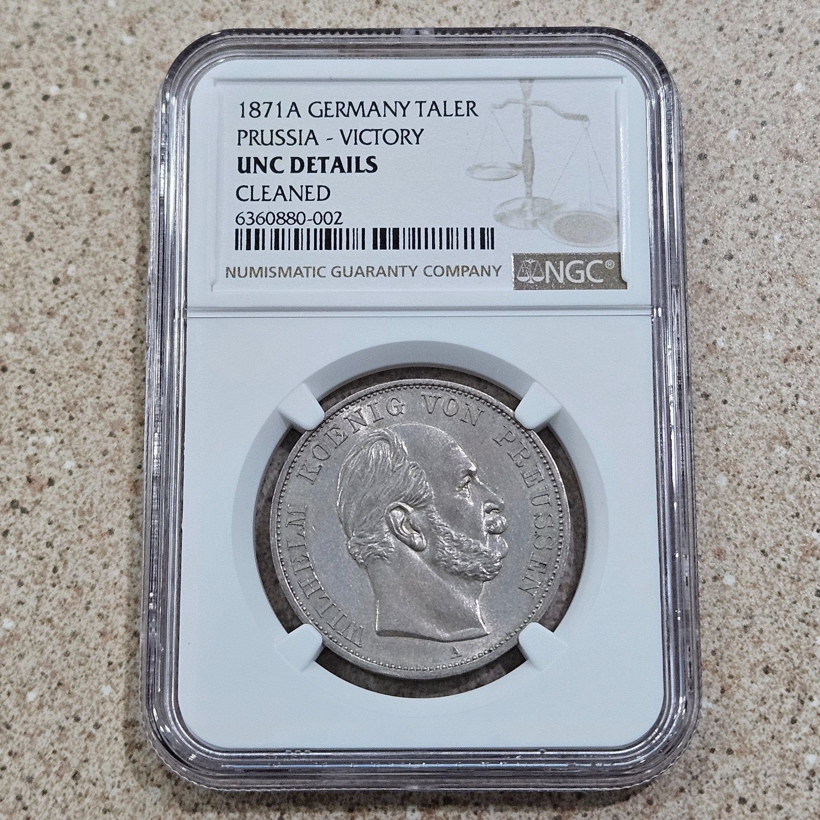 1871 A Germany Taler Prussia Victory Silver Coin NGC Graded UNC Details Cleaned