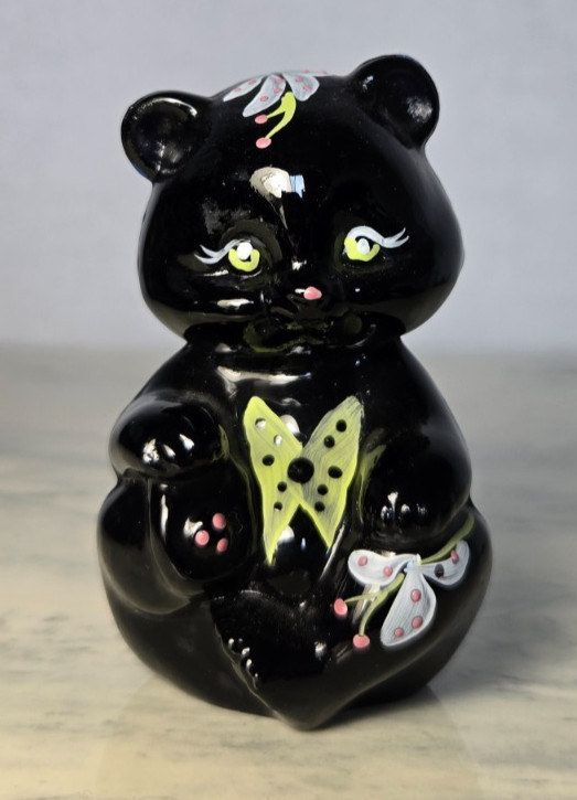 Fenton Black Glass Baby Bear Figurine Hand Painted Signed Nancy Beck 2.75\