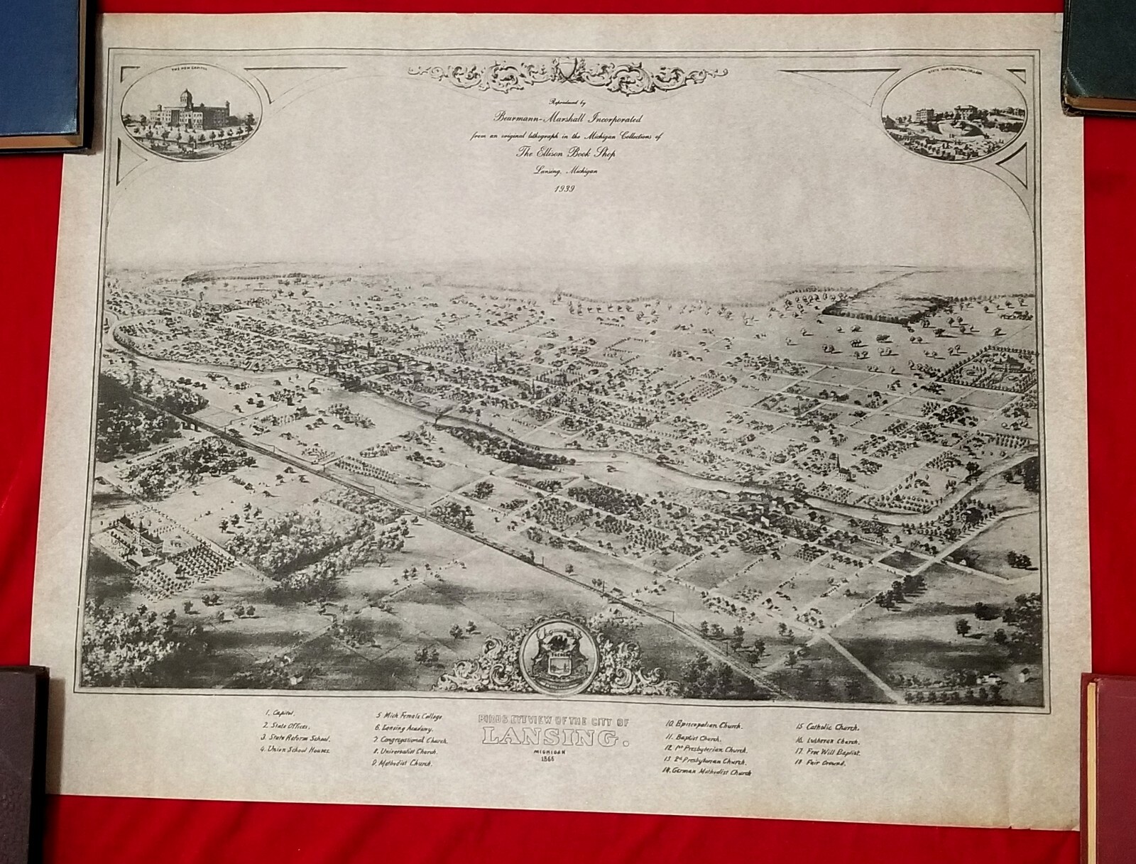 1866 Lansing Michigan MI Capital Historic Panoramic Town Birdseye Map 1939 Repro 1866 Lansing Michigan MI Capital Historic Panoramic Town Birdseye Map 1939 Repro