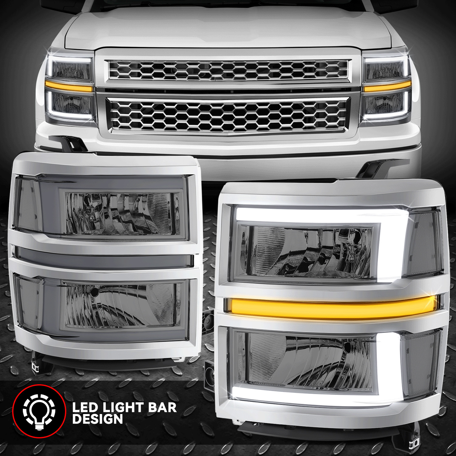 [L-LED DRL+Sequential Signal] For 14-15 Silverado 1500 Headlights Smoked/Clear