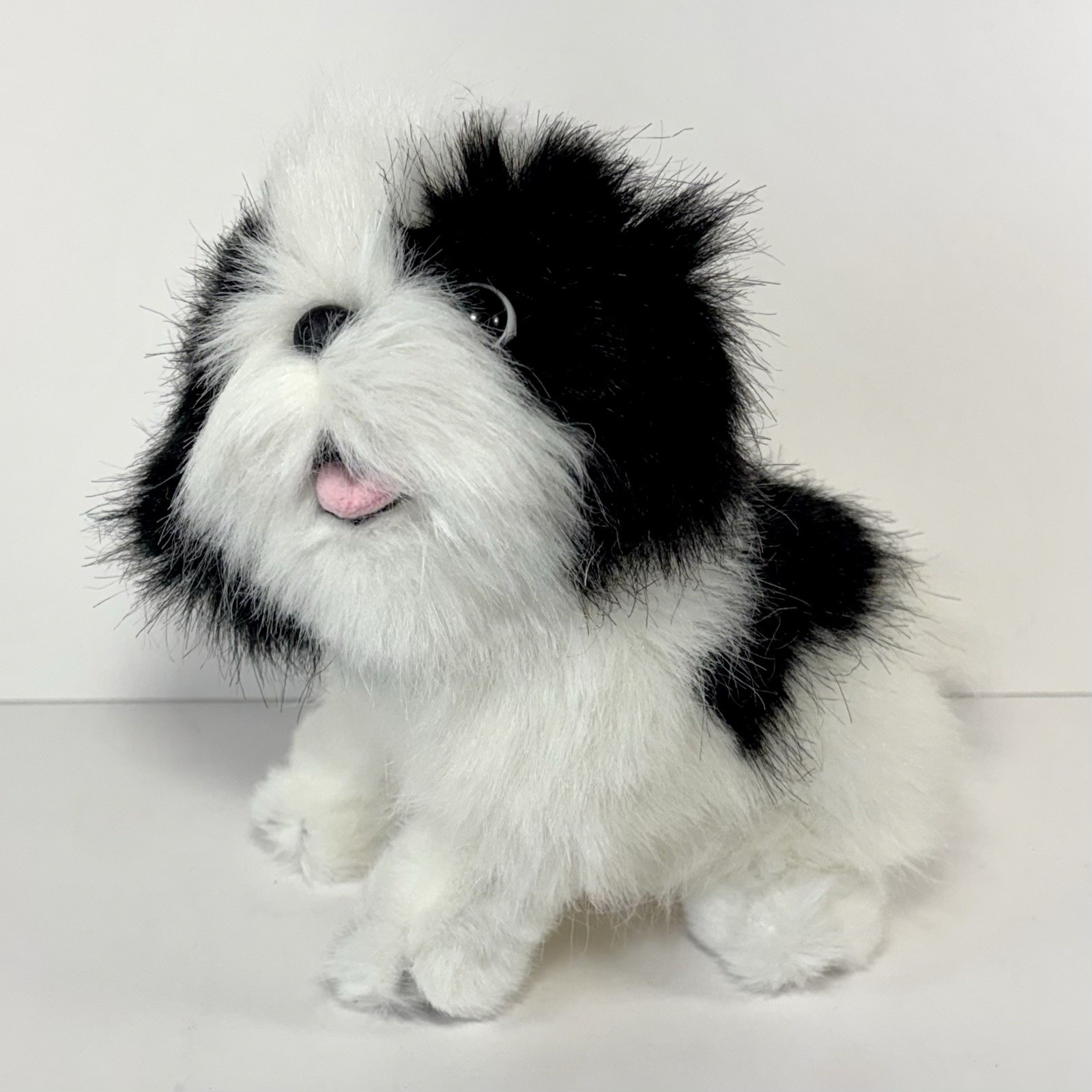 Vintage Russ Berrie Black And White Puppy Dog Plush 8” Open Mouth Stuffed Animal