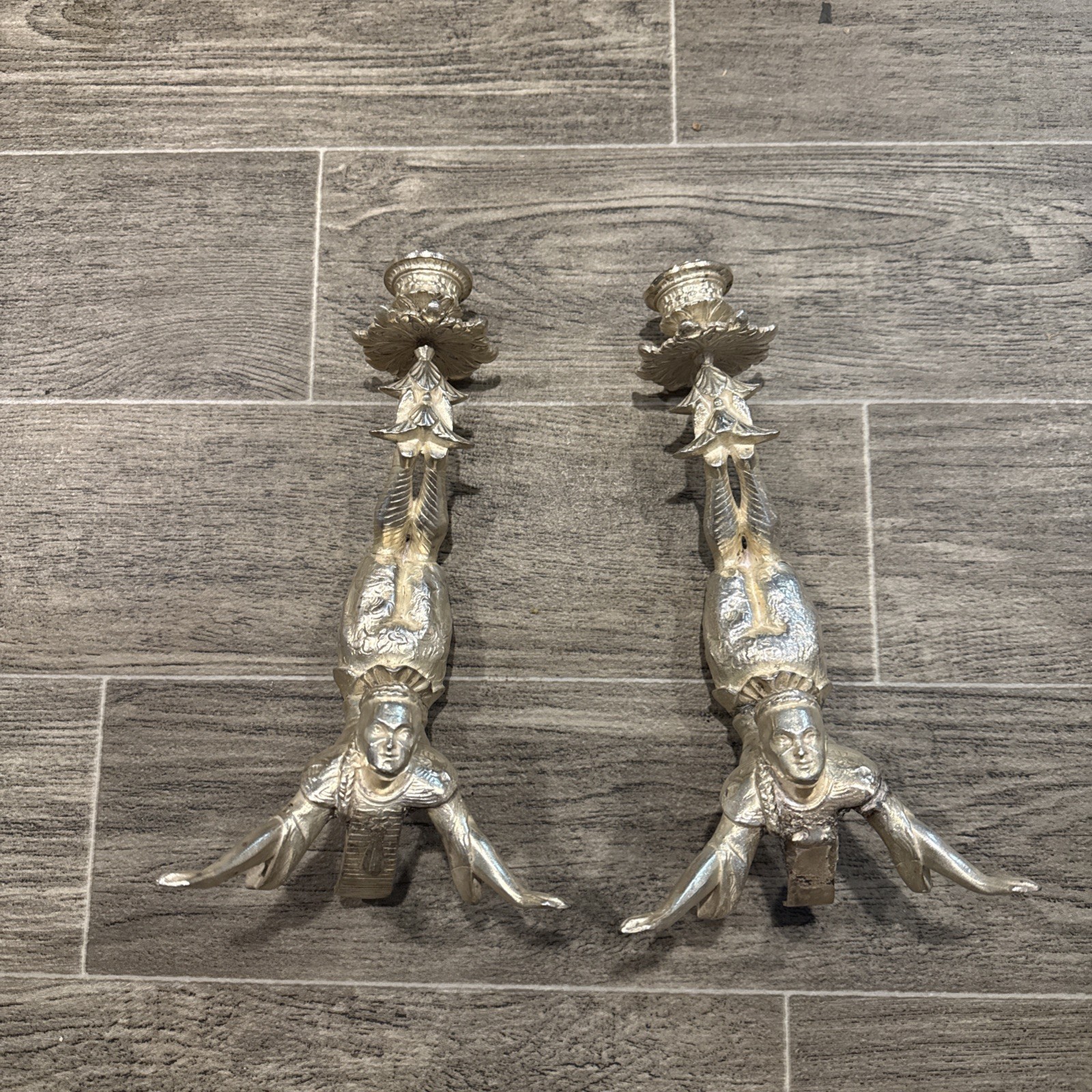 Vintage Pair Silver plate Acrobat Ornate Boho Figural Candle Holders