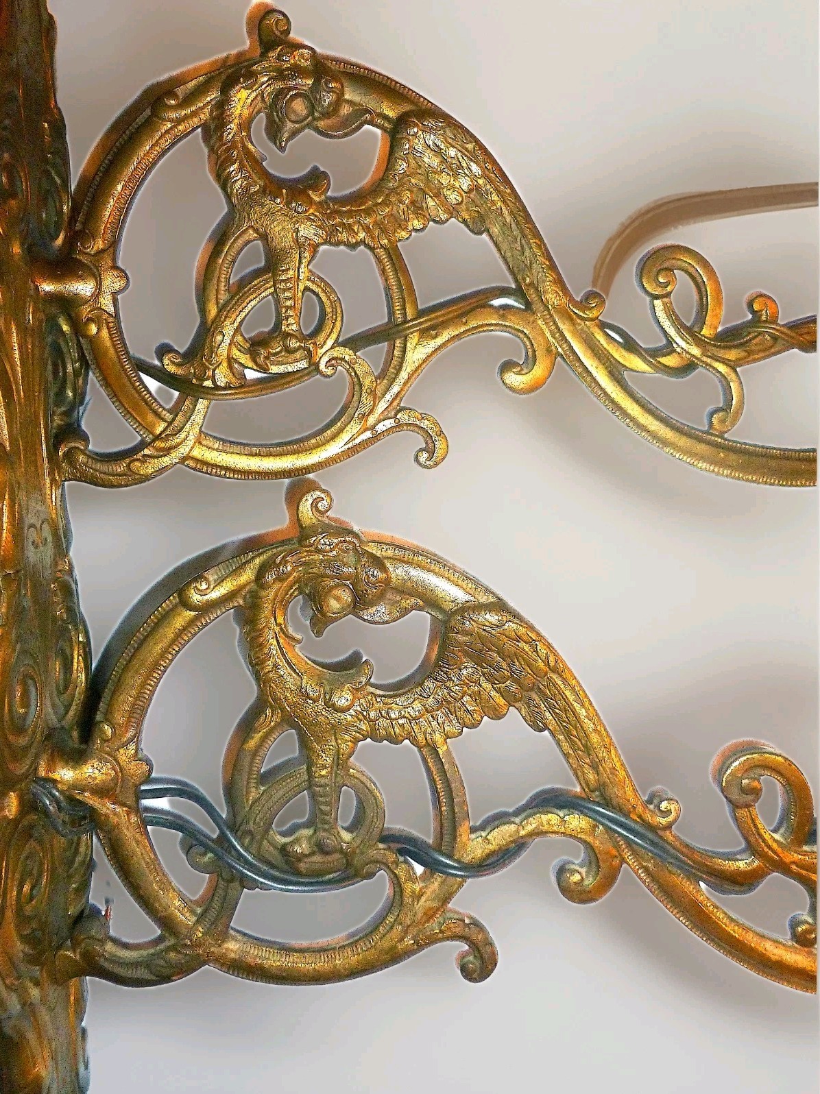 Pair of Rare Antique French Bronze/ Brass Sconces Dragon Griffon Chimera Petals