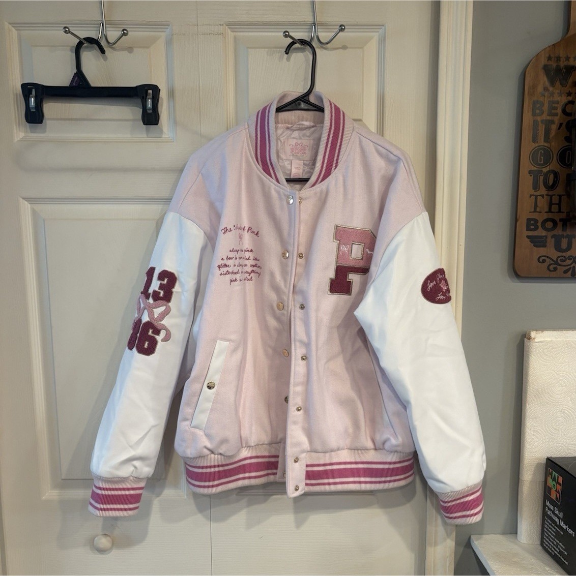 Victoria\'s Secret PINK x LoveShackFancy Varsity Snap Jacket Pink/White XL
