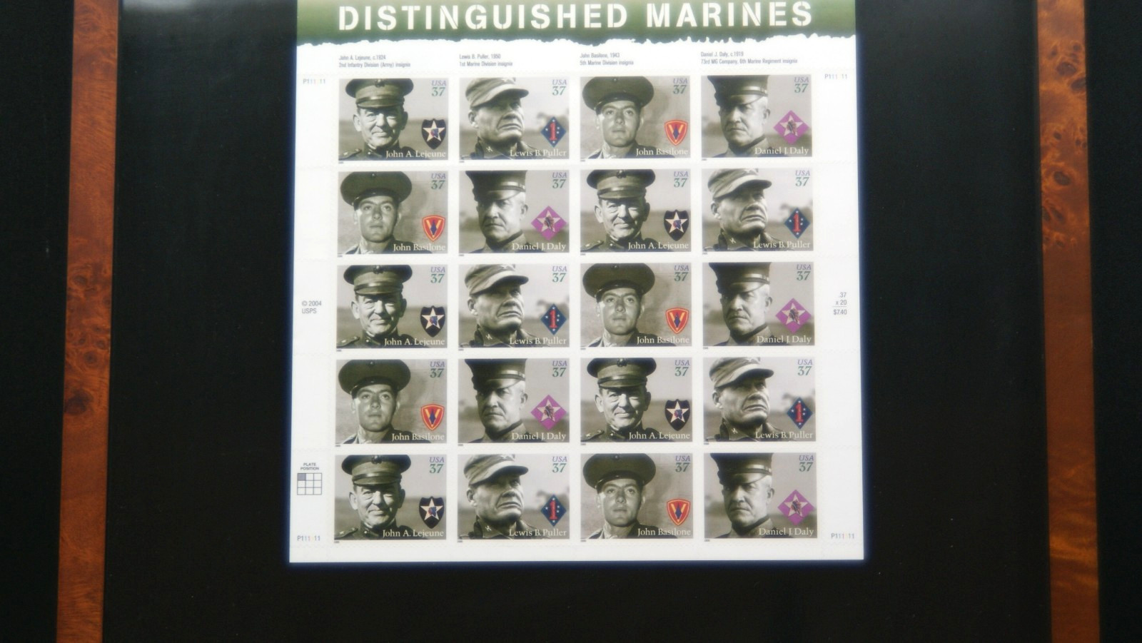 FRAMED 2005 USMC DISTINGUISHED MARINES STAMP SHEET Between Glass