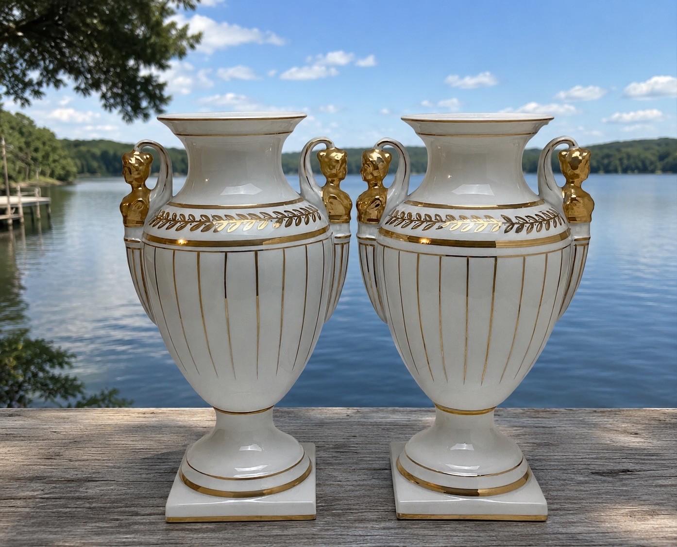 TWO Exceptional Vintage Gilt Neoclassical Porcelain Vases 1950’s Figural TWO Exceptional Vintage Gilt Neoclassical Porcelain Vases 1950’s Figural