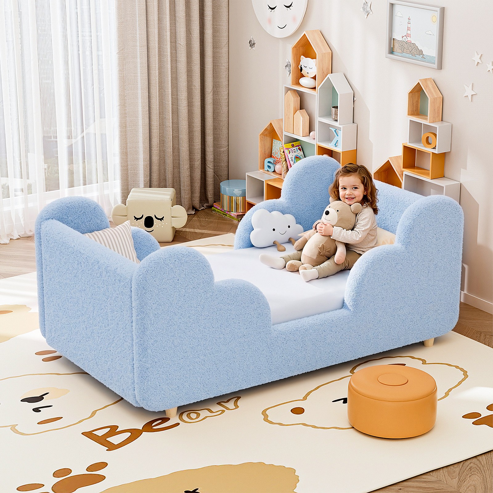 SUNYRISY Toddler Floor Bed with Safety Guardrails Solid Wood Bed Frame for Kids
