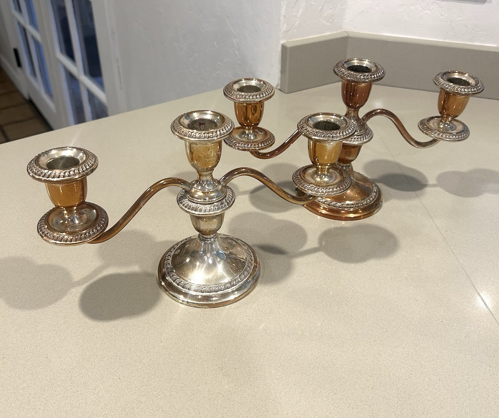 Pair Of Gorham Sterling Weighted 667 Gadroon Three Arm Convertible Candelabras