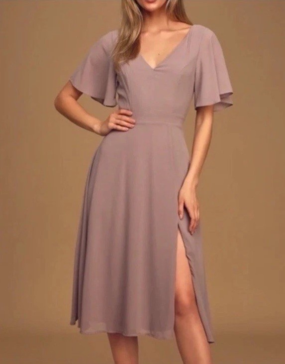 Lulus Treasure Me Always Grey Lavender Flutter Sleeve V-Neck Midi Dress Sz Small