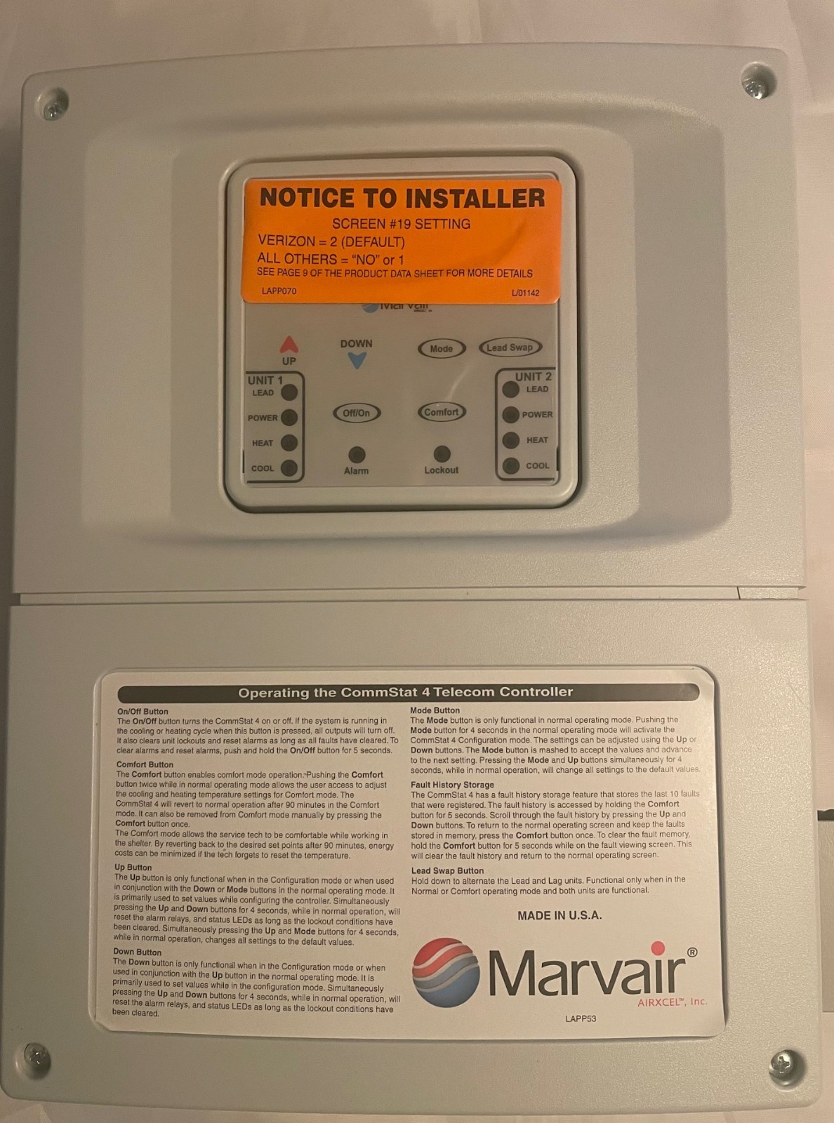 Marvair CommStat 4 Telecom HVAC Controller AZ2400-LF New