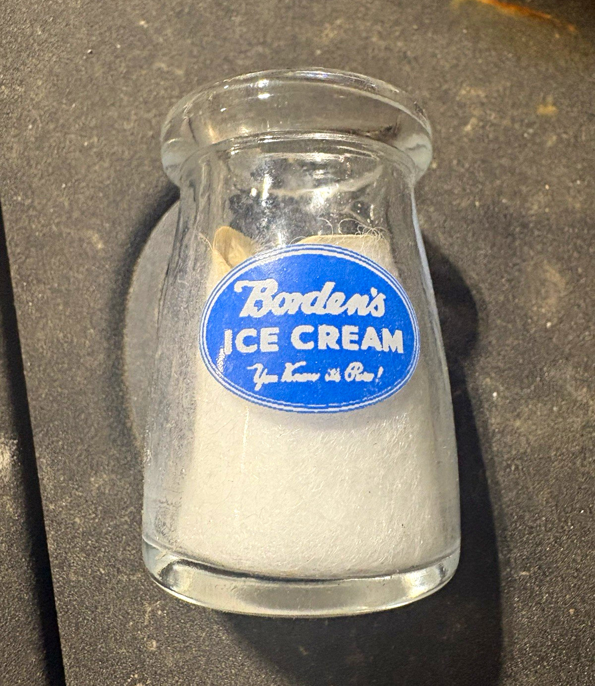 Borden's Vintage Ice Cream Clear Glass Bottle w/ Blue advertising Dairy Theme Borden's Vintage Ice Cream Clear Glass Bottle w/ Blue advertising Dairy Theme
