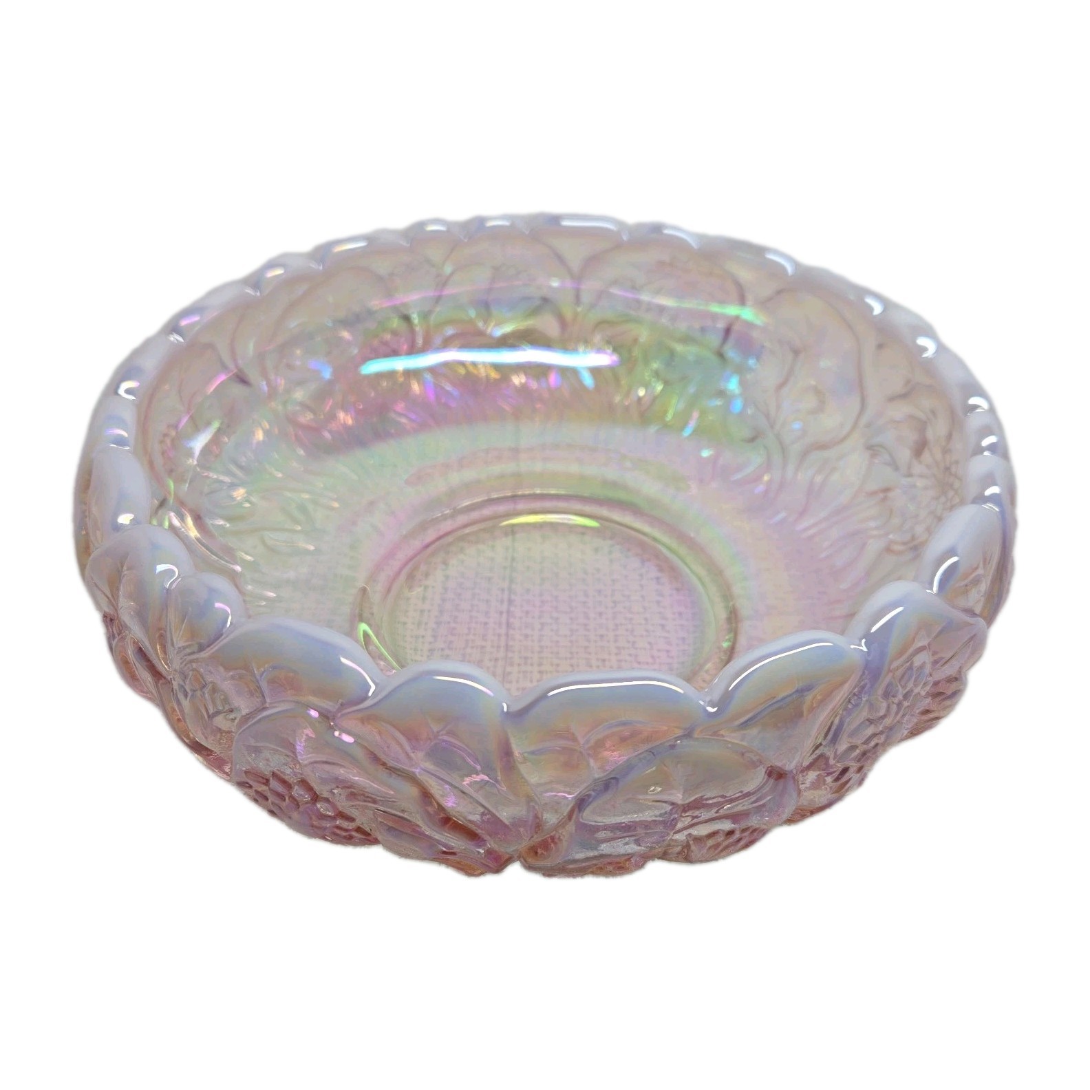 Vtg Fenton Water Lily & Cattails Pink Opalescent Iridescent Console Bowl 8\