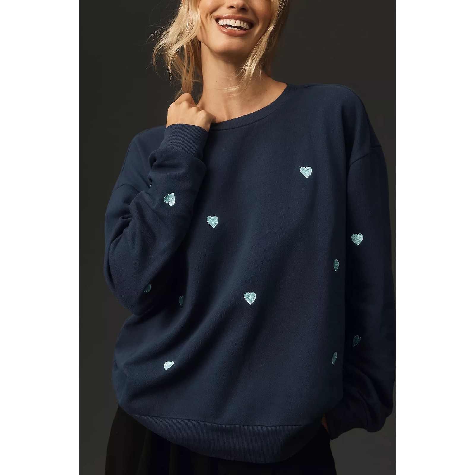 Anthropologie t.la Heart Embroidered Sweatshirt Sz Small Navy Blue Relaxed Cute