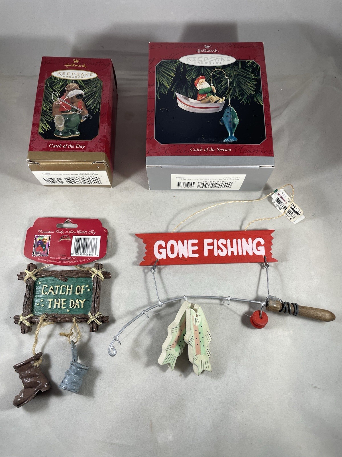Lot of 4 Fishing Christmas Ornaments, 2 Hallmark’s In Box, 1 Midwest, Etc. Used