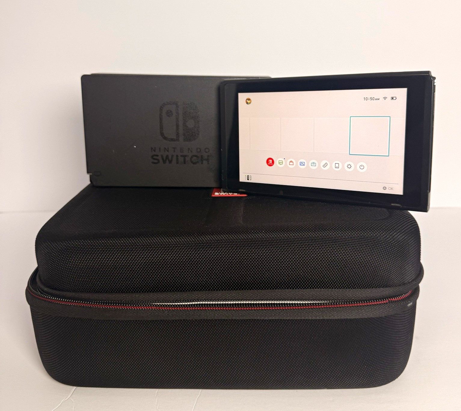 Nintendo Switch HAC-001 Black Handheld w/ Dock, Case, Neon Blue/Red Joy-Con