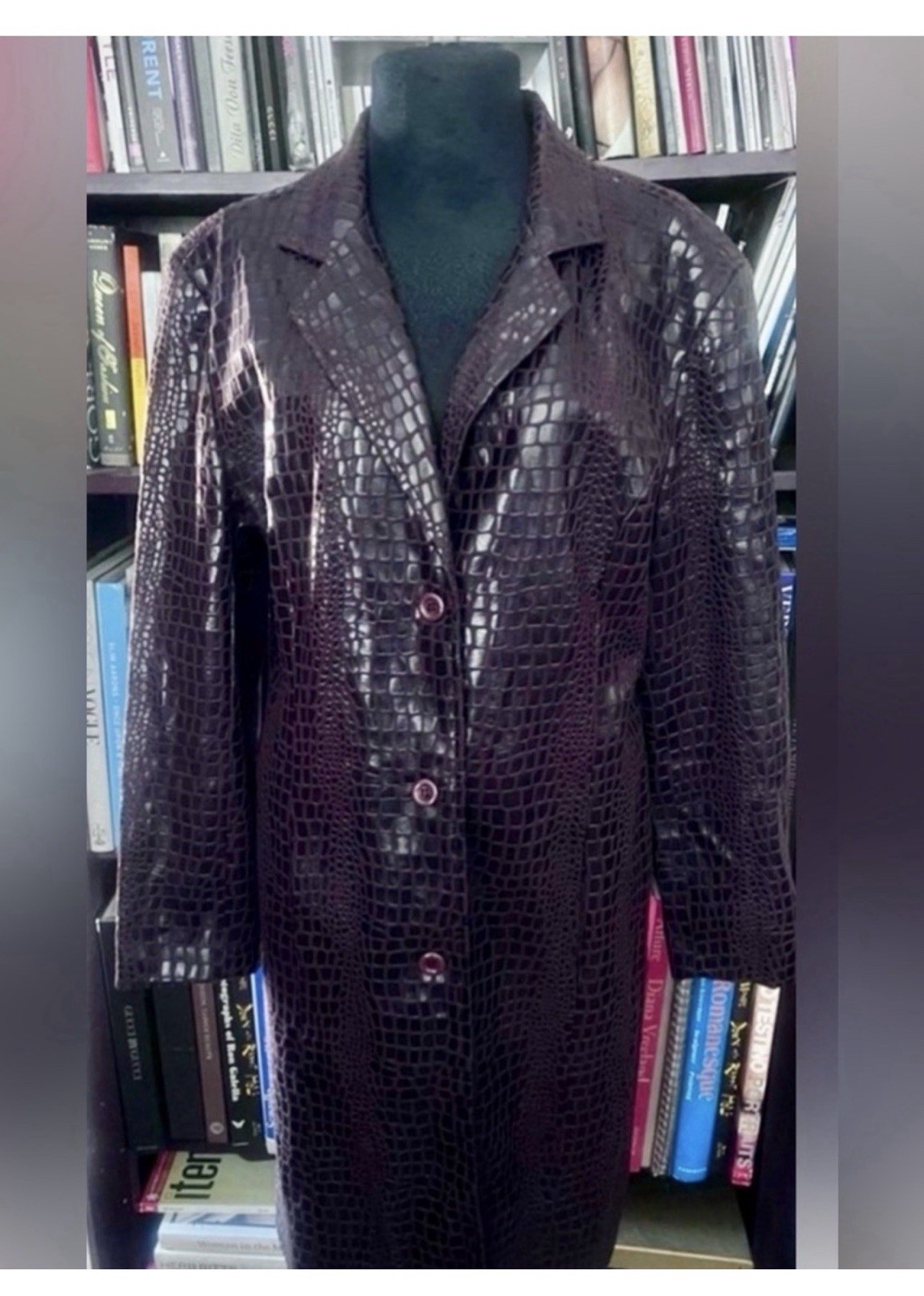Vintage Selene Sport Croc-Embossed Long faux Leather Coat in Deep Plum