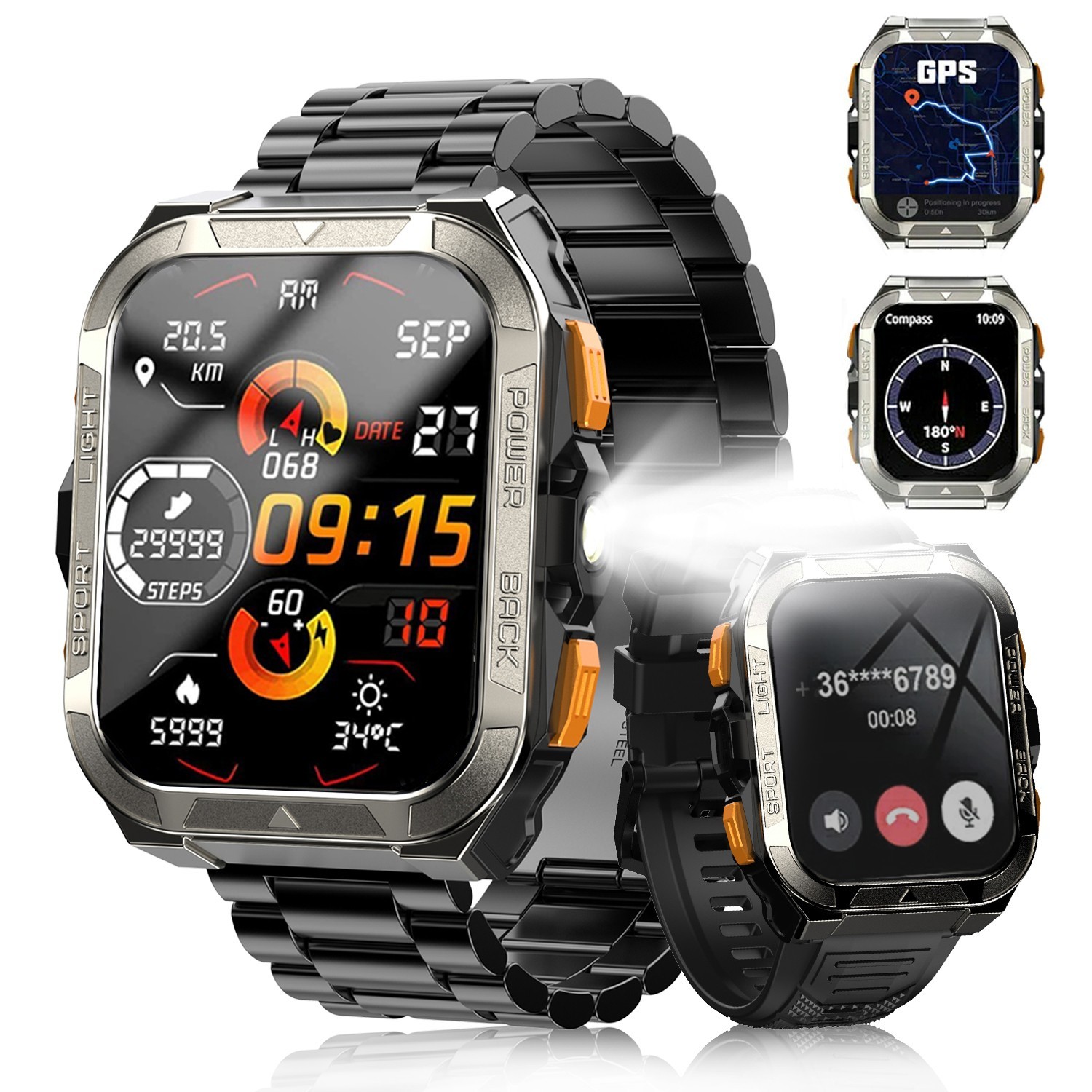 Military Grade Tactical Smart Watch Men With GPS LED Flashlight Stainless Steel