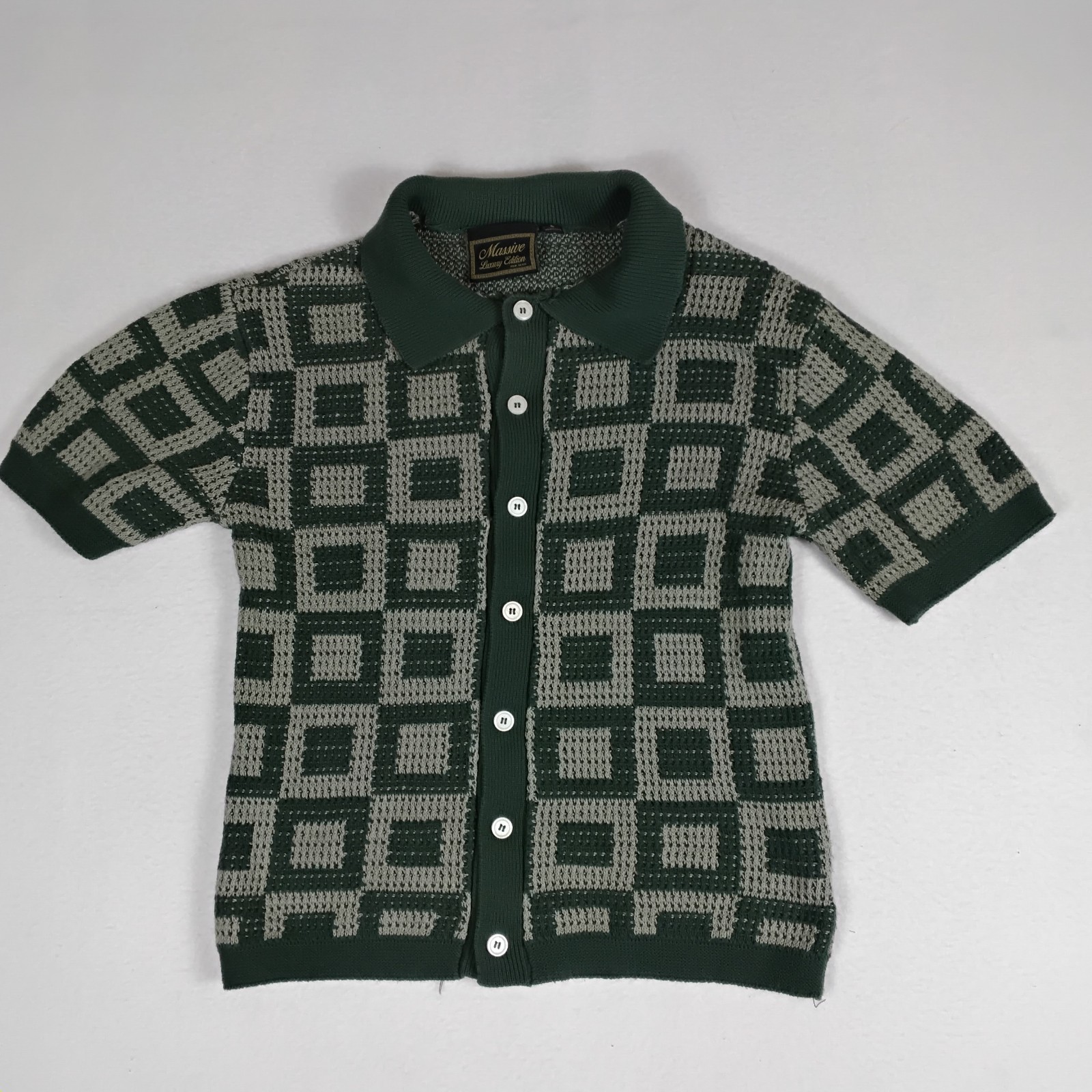 Massive Luxury Edition Mens S Green Knit Polo Geometric Button Shirt Massive Luxury Edition Mens S Green Knit Polo Geometric Button Shirt