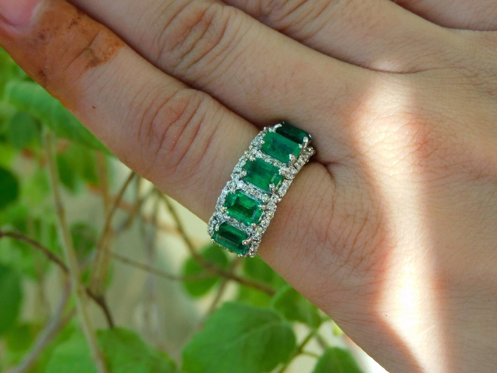 2.55 Ct Emerald Cut Natural Emerald & Diamond Wedding Ring 925 Sterling Silver
