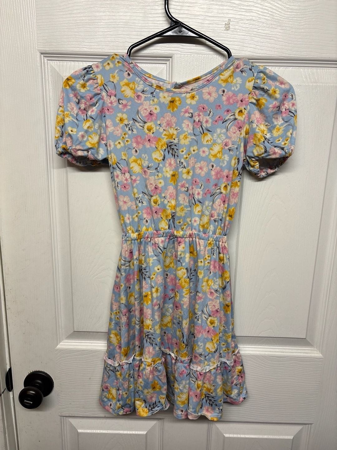 BCBG Girls Floral Dress Size 7/8 Blue Puff Sleeve Ruffle Hem