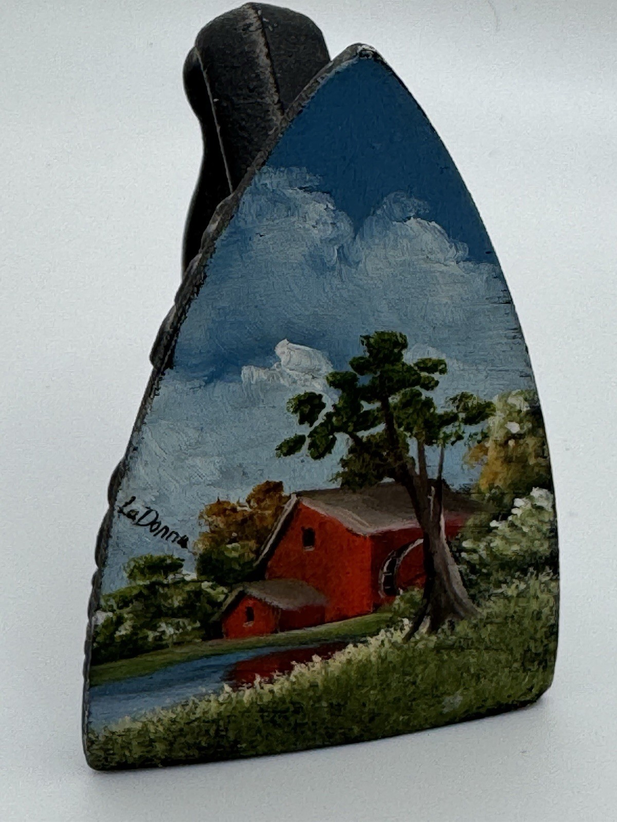 VINTAGE HAND PAINTED ARTIST SIGNED PAINTING ON MINIATURE FLAT IRON, LADONNA