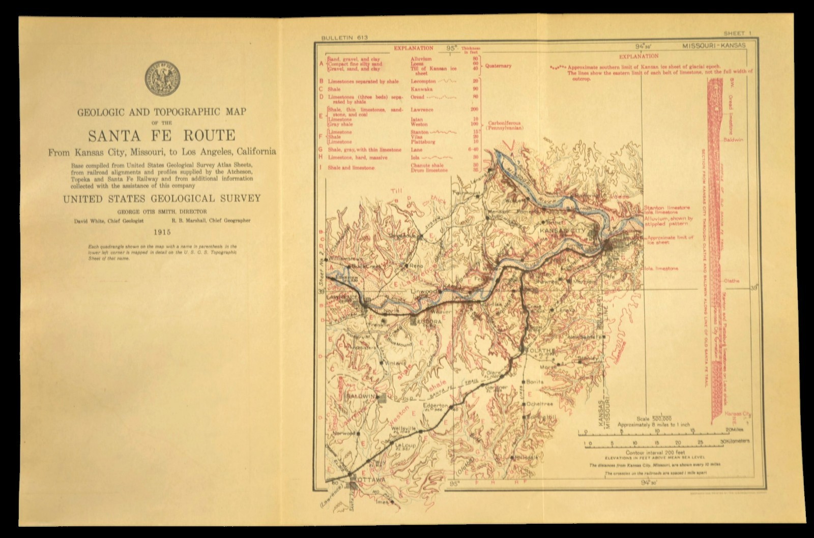 1915 Antique Santa Fe Railroad Map Line Lawrence KS Ottawa Kansas City Missouri