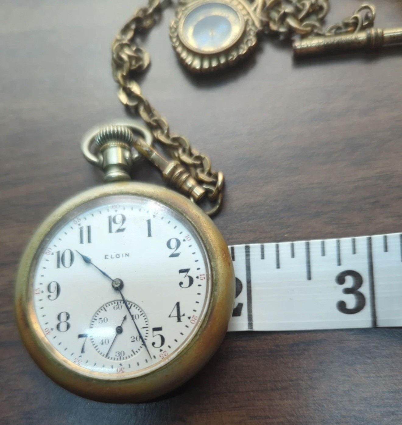 Antique Vintage Elgin Pocket Watch With Chain Compass runs great 