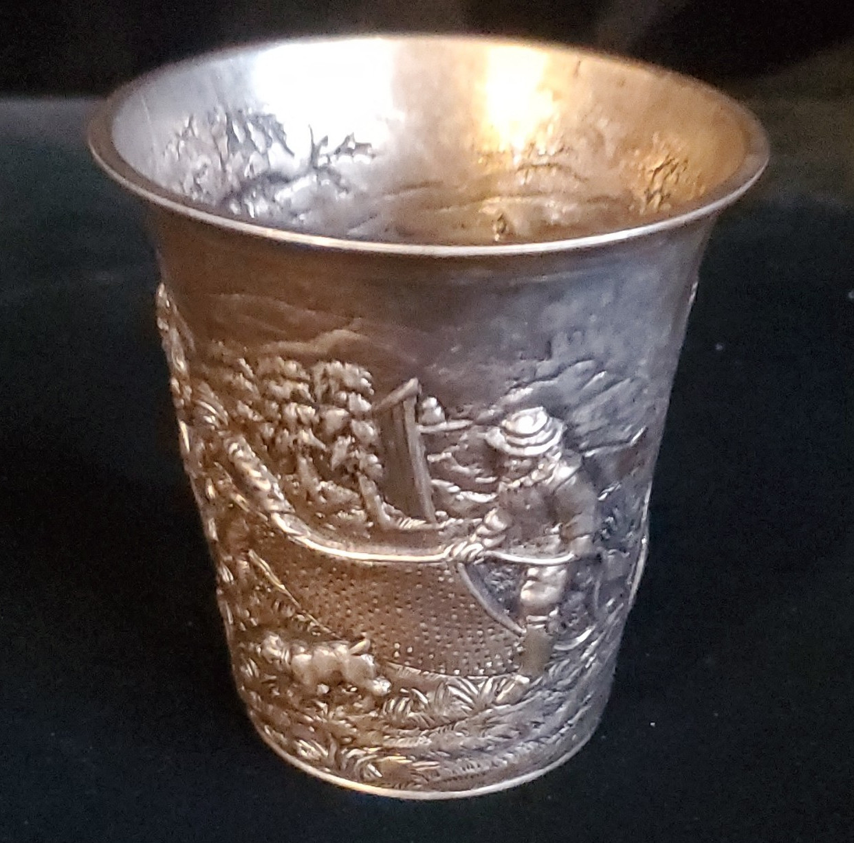 Antique 800 Silver Repousse Cup/Goblet Figural Hunting Scene Relief