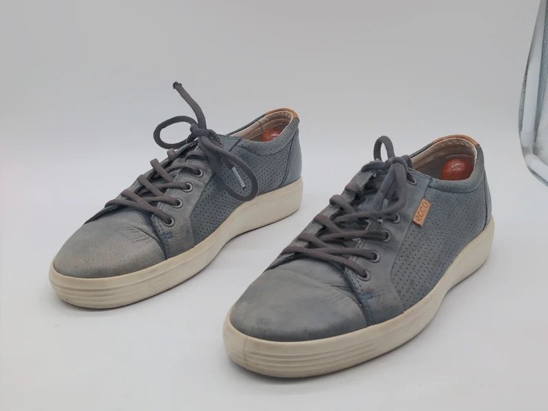 ECCO Soft 7 Blue Gray Perforated Leather Sneakers Men 43 9.5