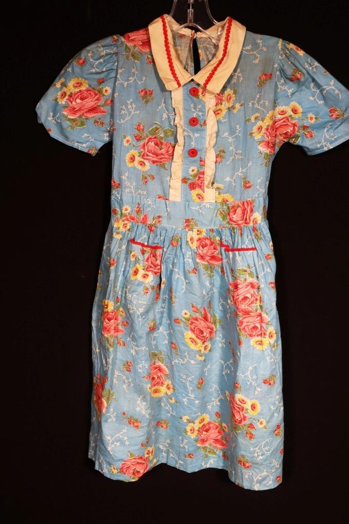 Rare Vintage Deadstock 1920\'s Girl\'s Light Blue Floral Cotton Dress Size 7-8